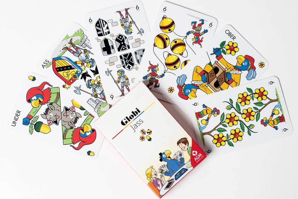 Globi-Jasskarten mit deutschschweizer Motiven
